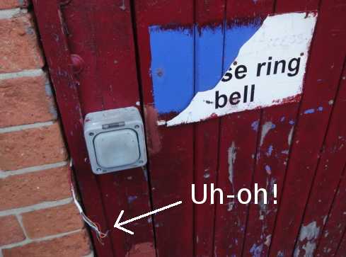 Photo: Bell with loose wires. Caption is 'Uh-oh!'