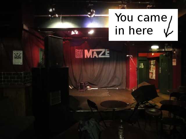 Photo: stage on left and door on right, door labelled 'You came in here'.